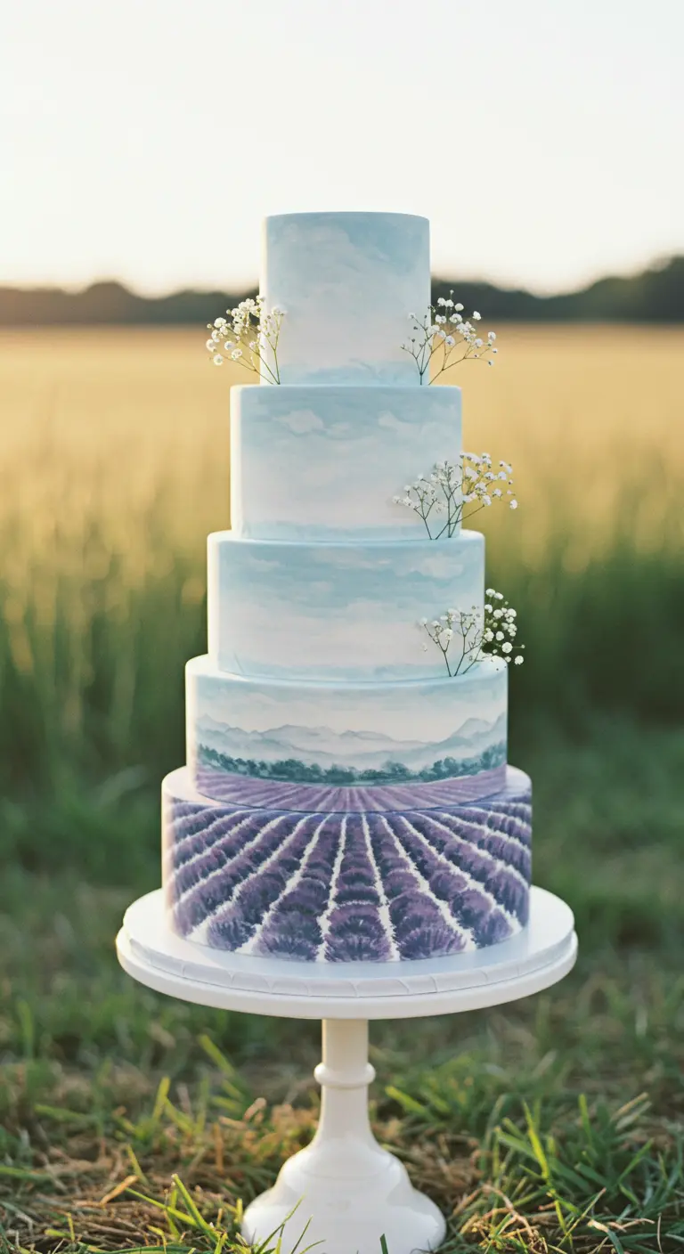 Fünfstöckige Torte mit gemaltem Lavendelfeld und Himmel-Optik.