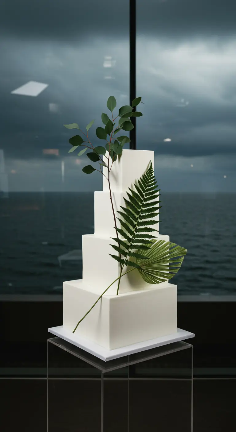 Weiße, quadratische Torte mit drei einzelnen grünen Zweigen dekoriert.