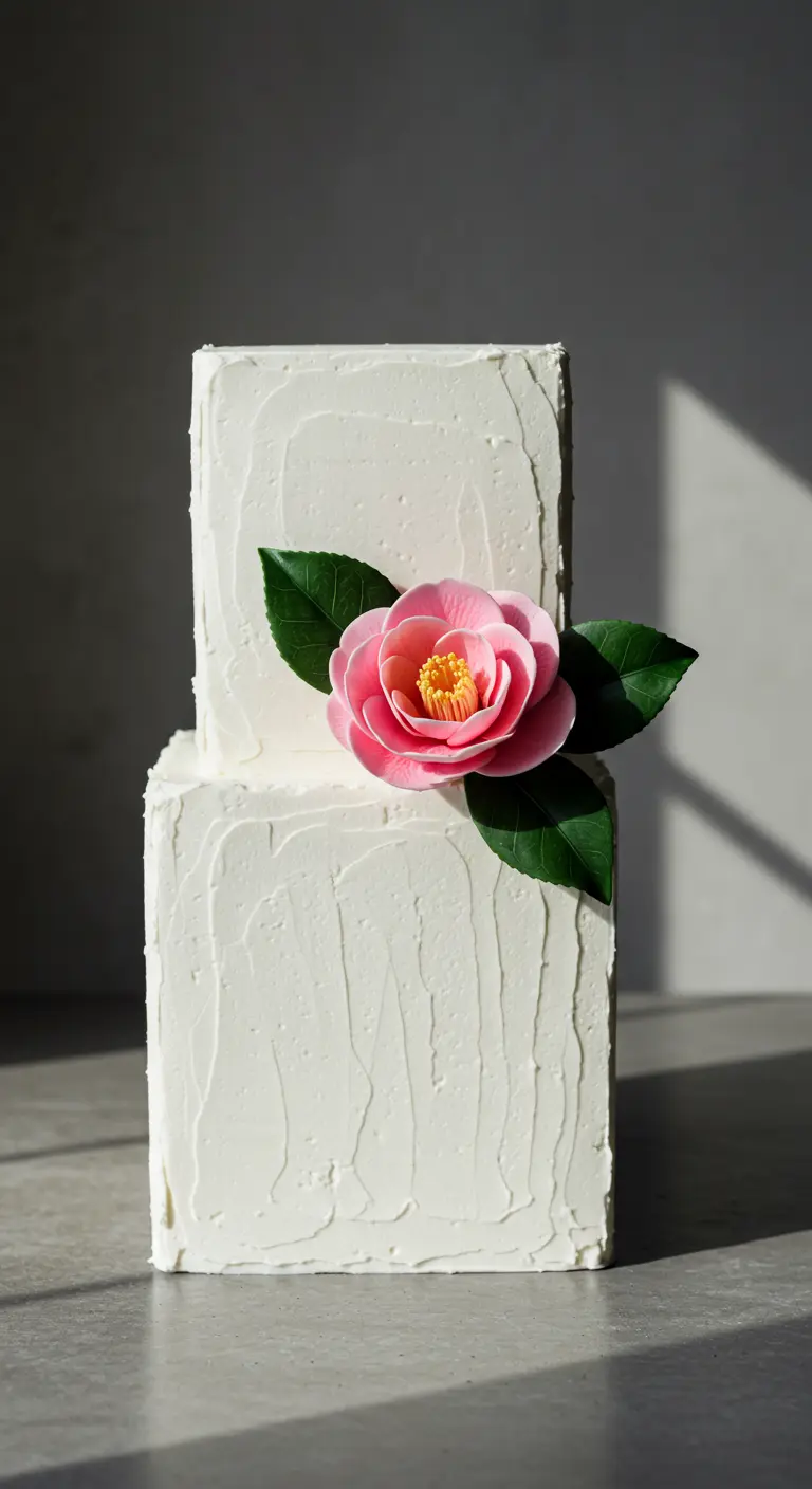 Zweistöckige, quadratische Torte mit rustikaler Glasur und einer rosa Kamelie.