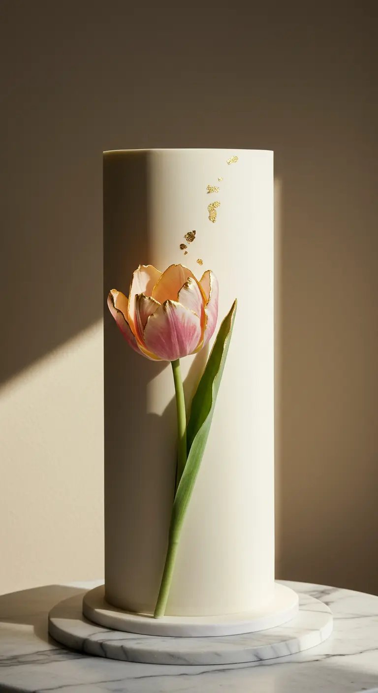 Hohe weiße Torte mit einer Tulpe, deren Ränder mit Blattgold verziert sind.