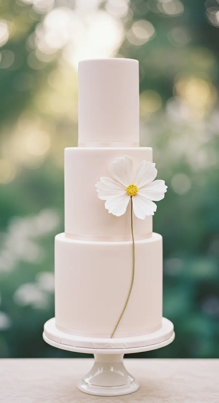 Dreistöckige, zartrosa Torte mit einer einzelnen weißen Kosmeenblüte mit langem Stiel.