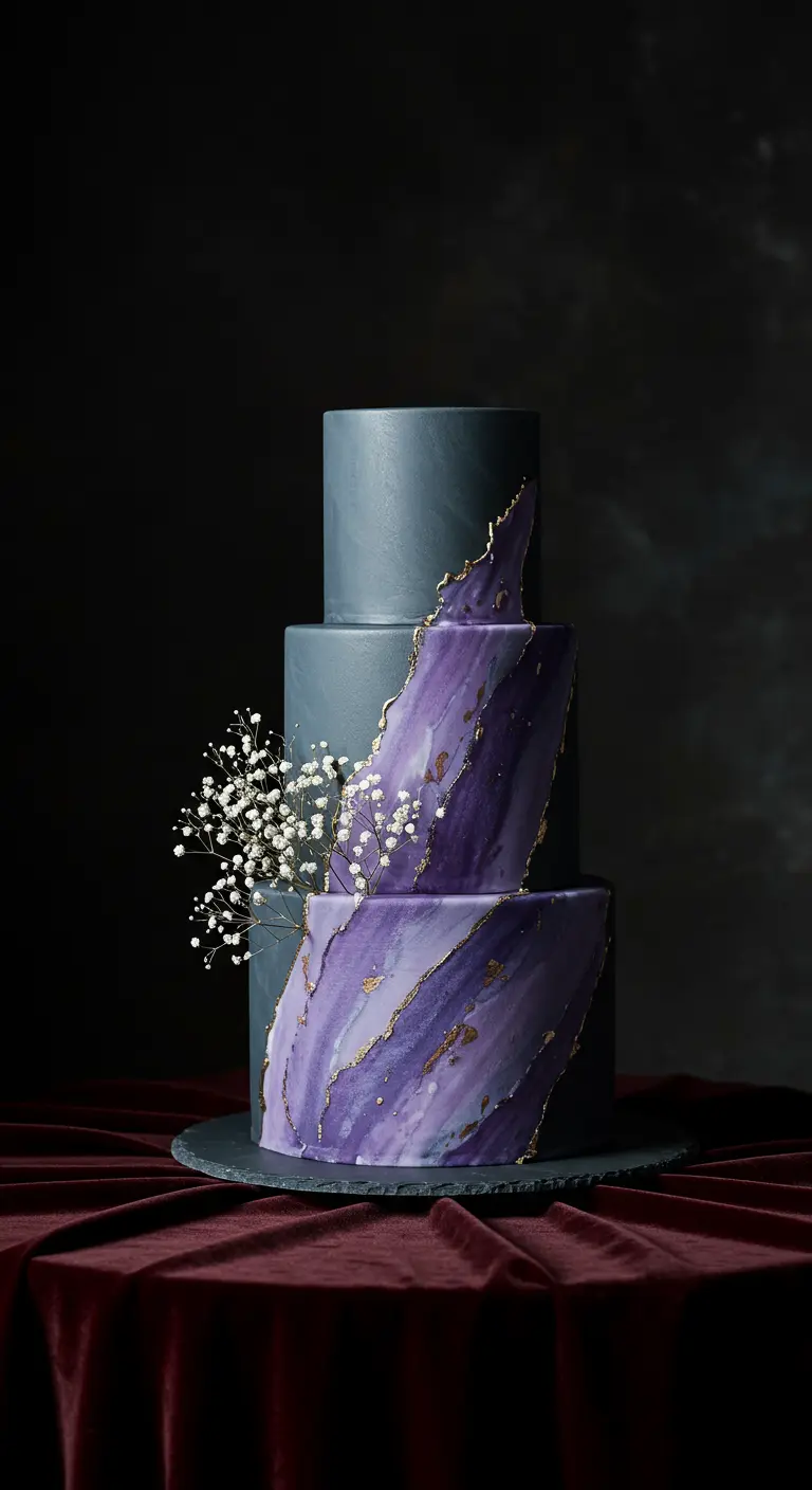 Dunkelgraue dreistöckige Torte mit lila-goldener Geoden-Spalte.