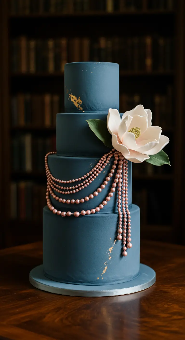 Dunkelblaue Torte, verziert mit drapierten rosa Perlenketten, Goldsprenkeln und einer großen weißen Zuckerblume.