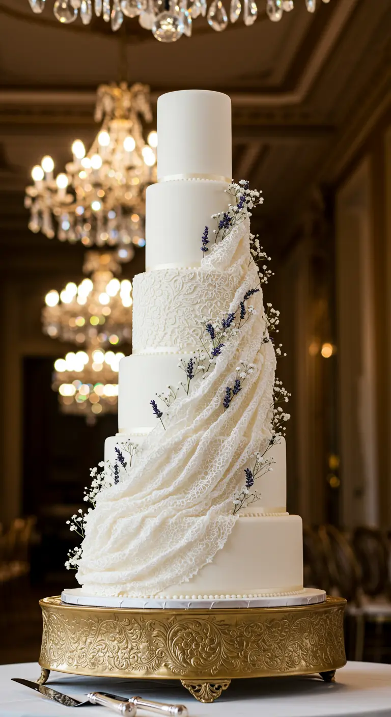 Hohe weiße Hochzeitstorte mit einer Drapierung aus Zucker und Lavendel.