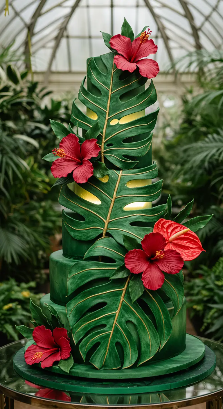 Tiefgrüne Torte mit großen, goldumrandeten Monstera-Blättern und leuchtend roten Hibiskus- und Anthurienblüten.