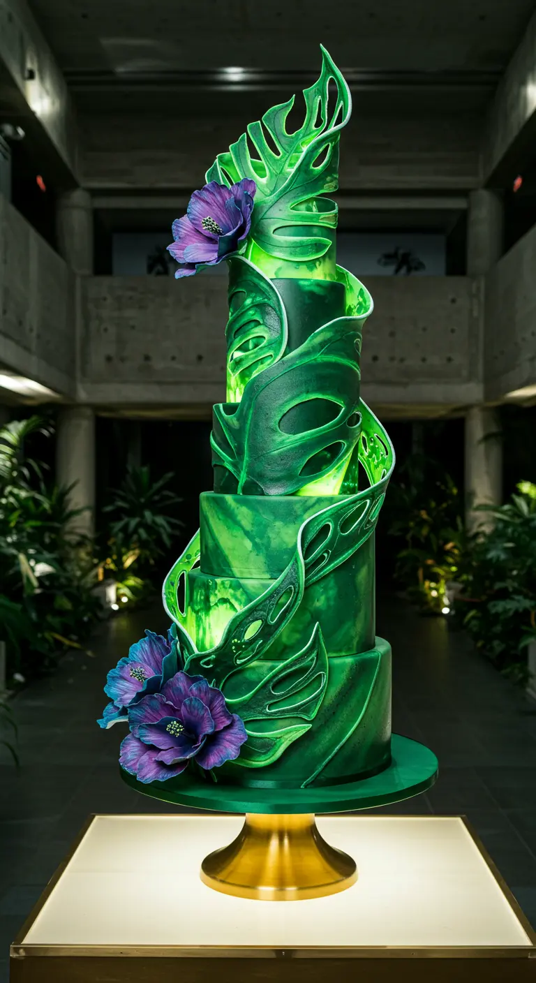 Dunkelgrüne Torte mit einer schwebenden, skulpturalen Monstera-Blattform und lila Blüten.