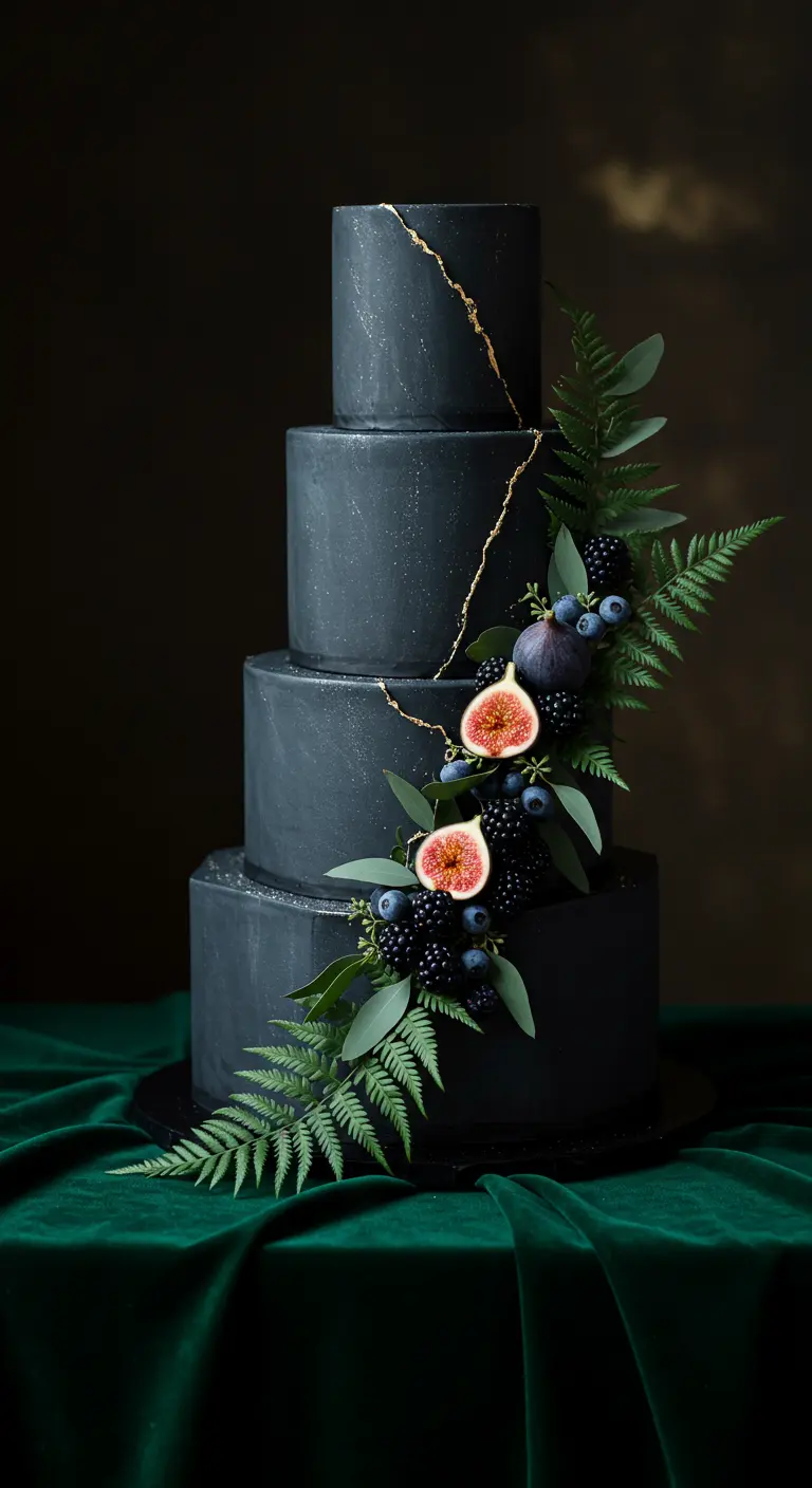 Dunkelgraue Torte mit Feigen, Beeren und Farn-Deko.