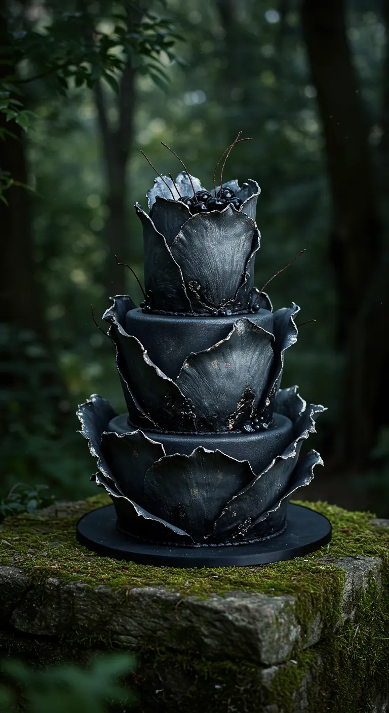 Dreistöckige schwarze Torte mit großen, gewellten Blütenblättern und dunklen Beeren