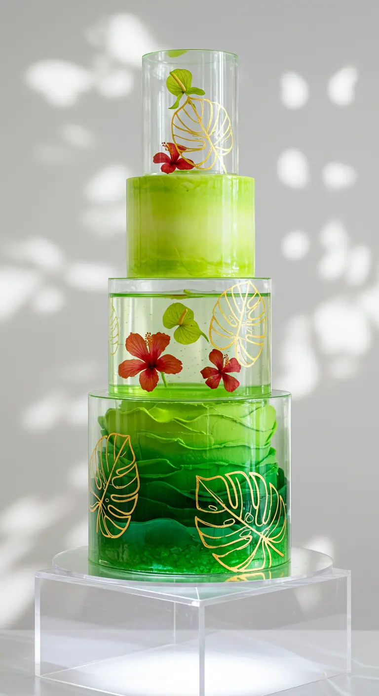Mehrstöckige Torte mit transparenten Acrylebenen, gefüllt mit Hibiskusblüten und goldenen Monstera-Umrissen.