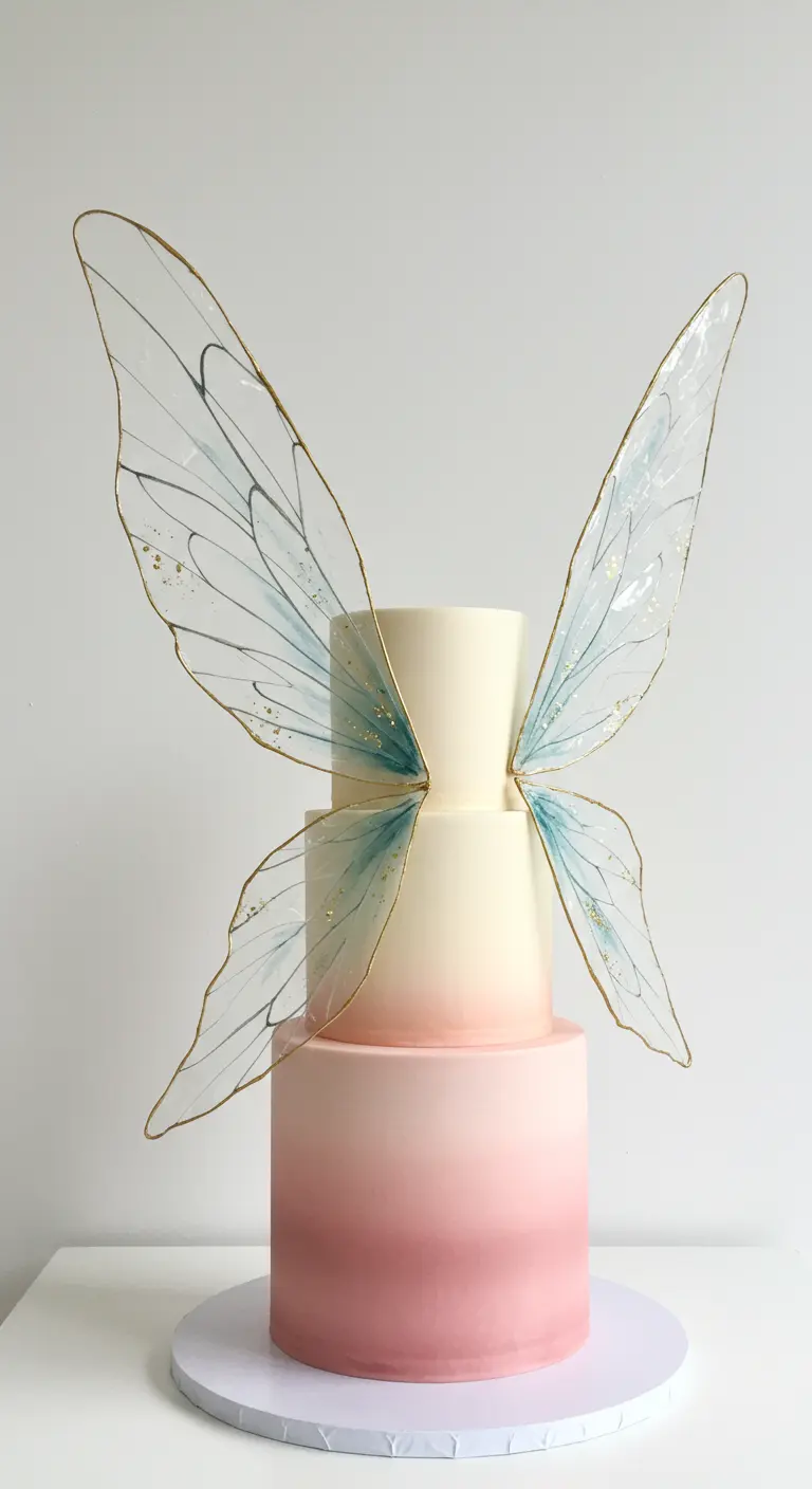 Zweistöckige Torte mit Rosa-Ombré-Verlauf, an der große, transparente Feenflügel mit Golddetails befestigt sind.