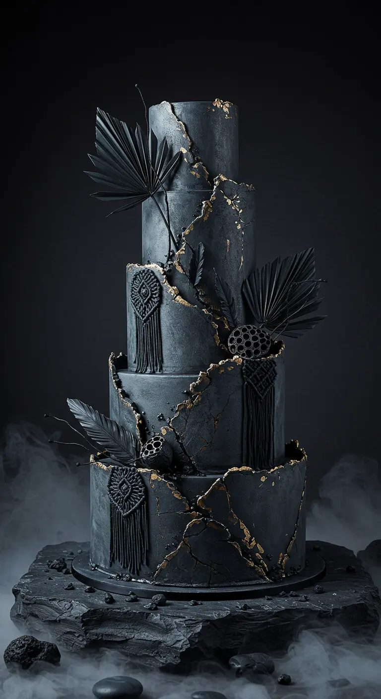 Mehrstöckige schwarze Hochzeitstorte mit goldenen Rissen und Makramee-Akzenten.