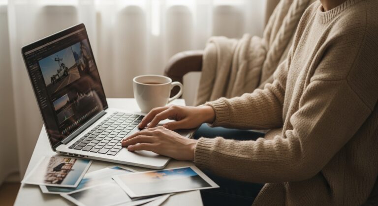 Person bearbeitet Urlaubsfotos am Laptop in gemütlicher Atmosphäre – mit Tee, ausgedruckten Bildern und warmem Licht.