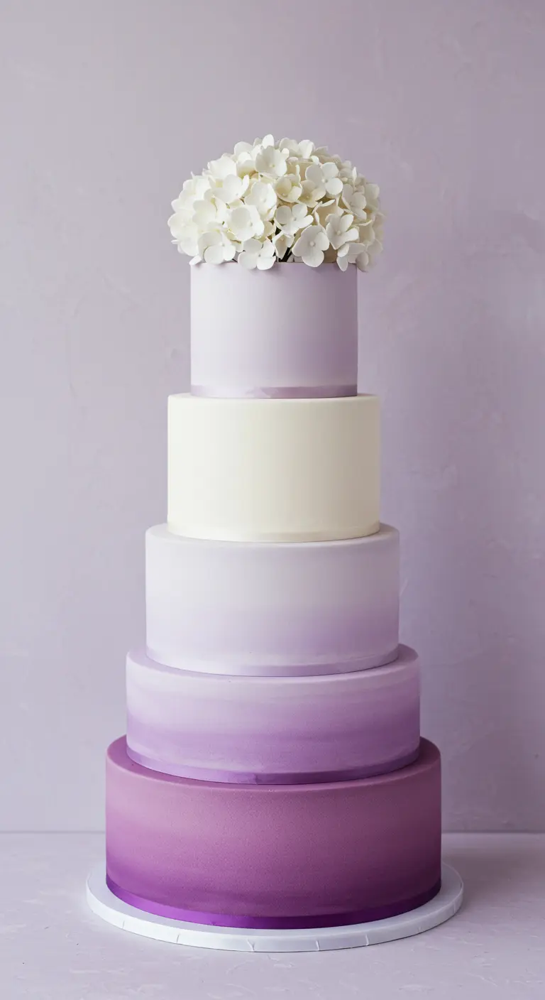 Fünfstöckige Torte mit lila Ombré-Farbverlauf und weißen Hortensienblüten.