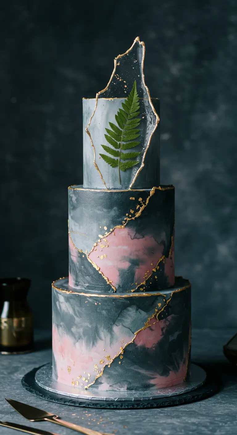 Grau-rosa marmorierte Torte mit Goldakzenten und einem echten Farn in Zuckerglas.