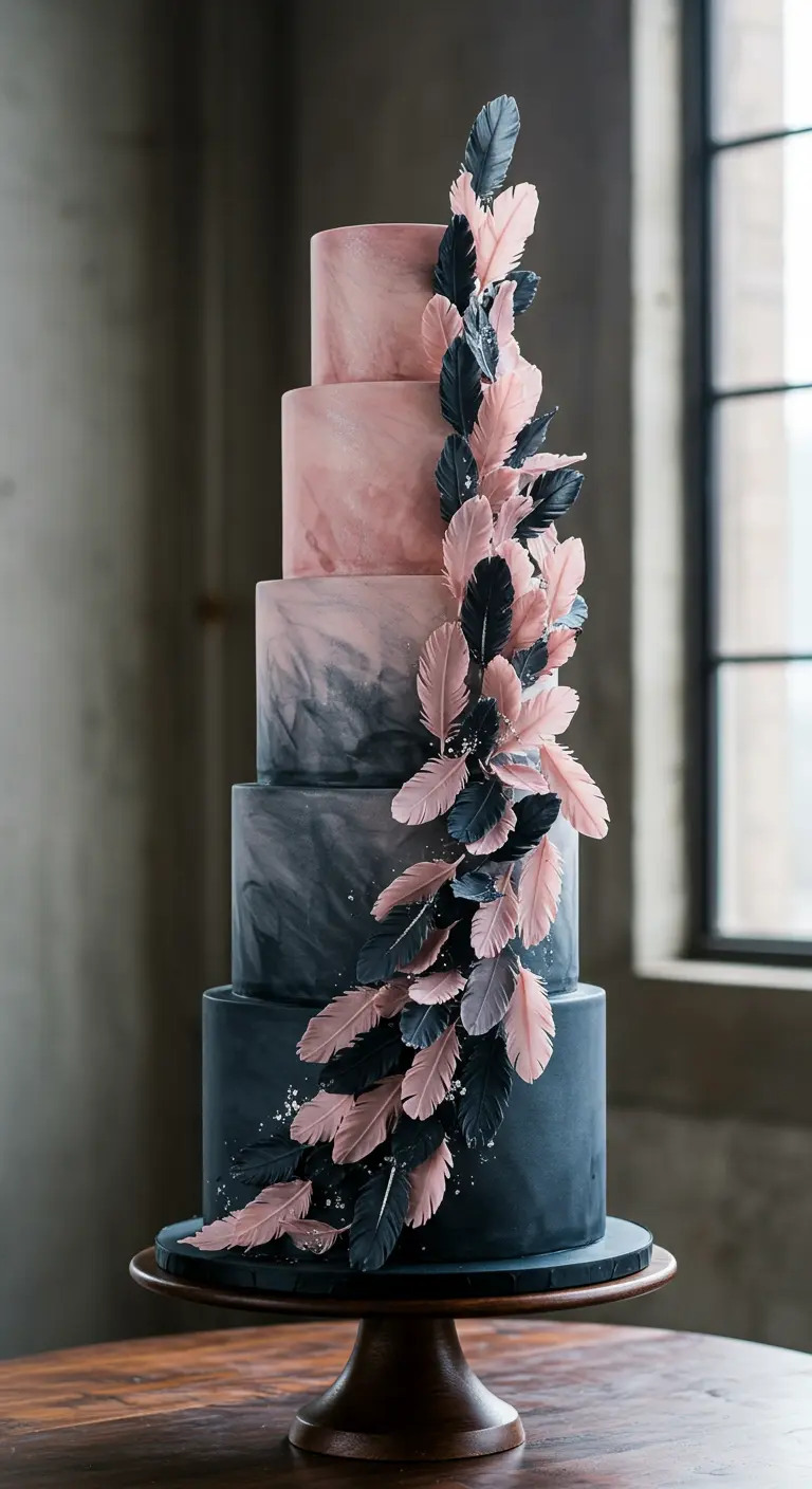 Mehrstöckige Hochzeitstorte in Grau und Rosa mit einer Kaskade aus Zuckerfedern.