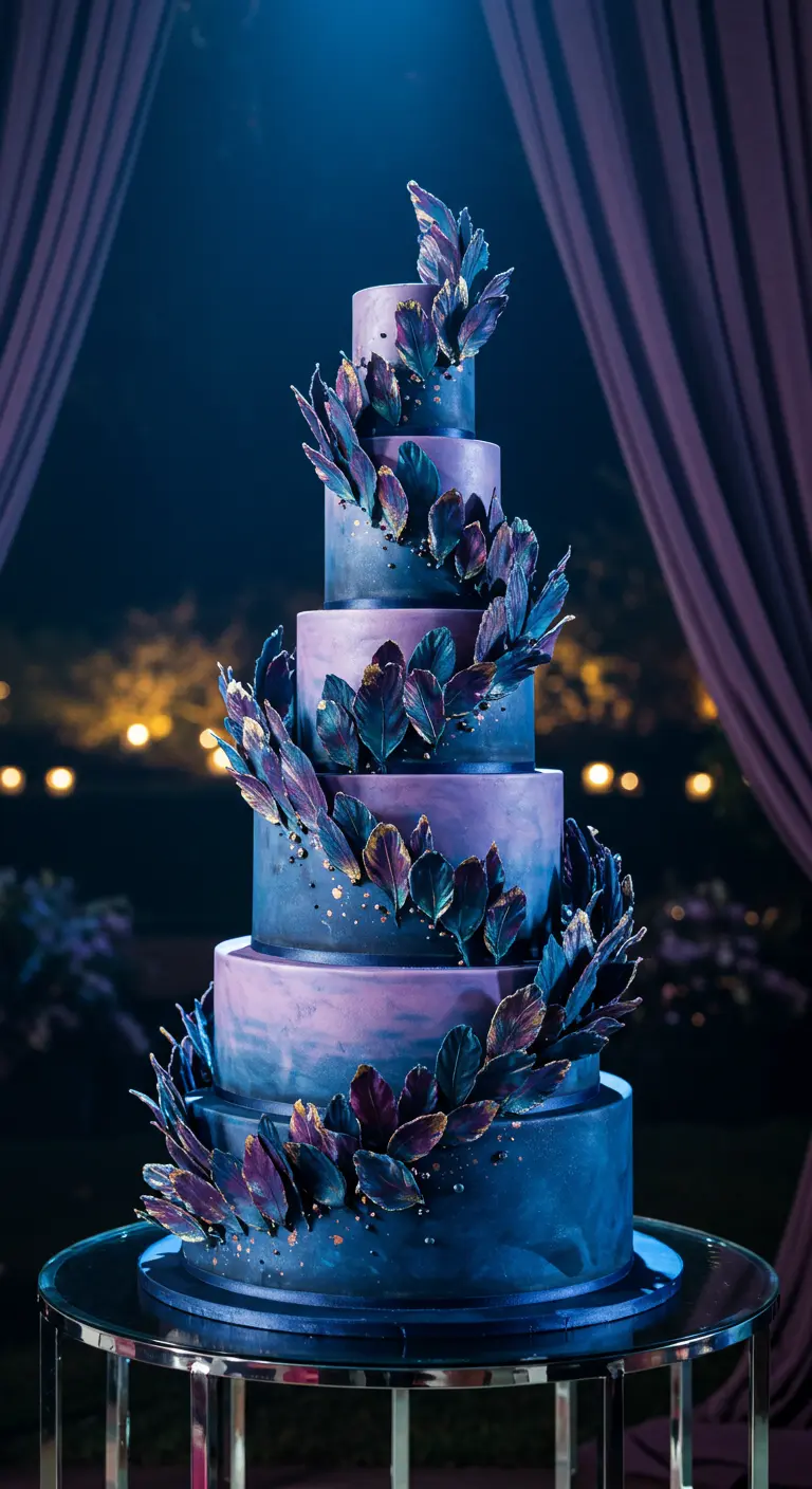 Mehrstöckige Hochzeitstorte in Ombré-Blau-Violett mit schimmernden Zuckerfedern.