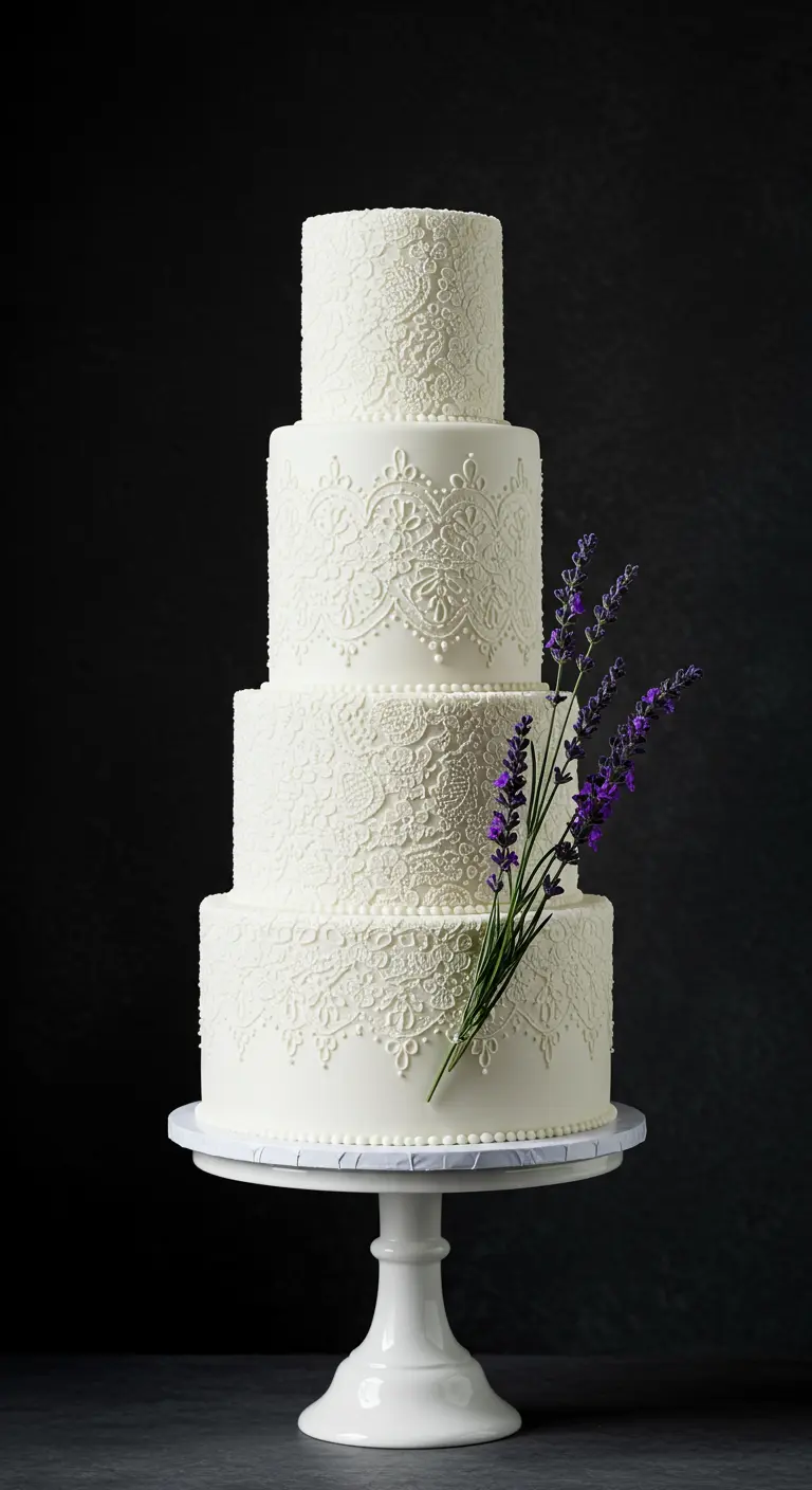 Weiße Torte mit filigranem Spitzenmuster aus Zuckerguss und Lavendel.