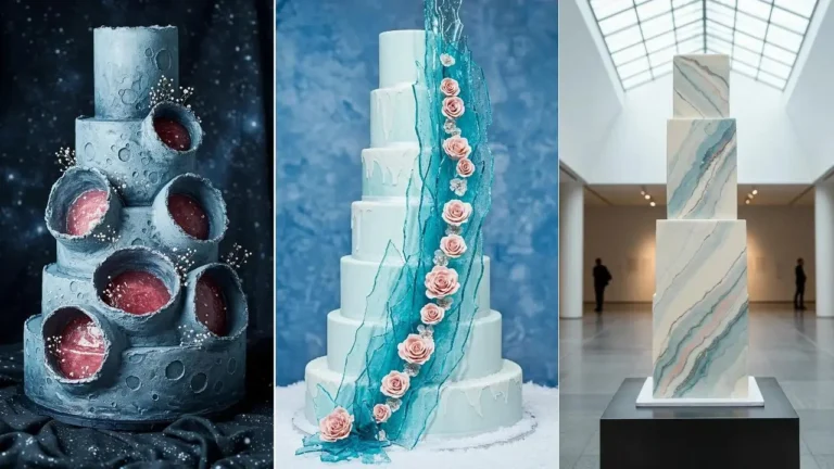 Verträumte Hochzeitstorte in Dusty Blue mit einer Kaskade aus rosefarbenen Blumen und blauem Zuckerdekor.