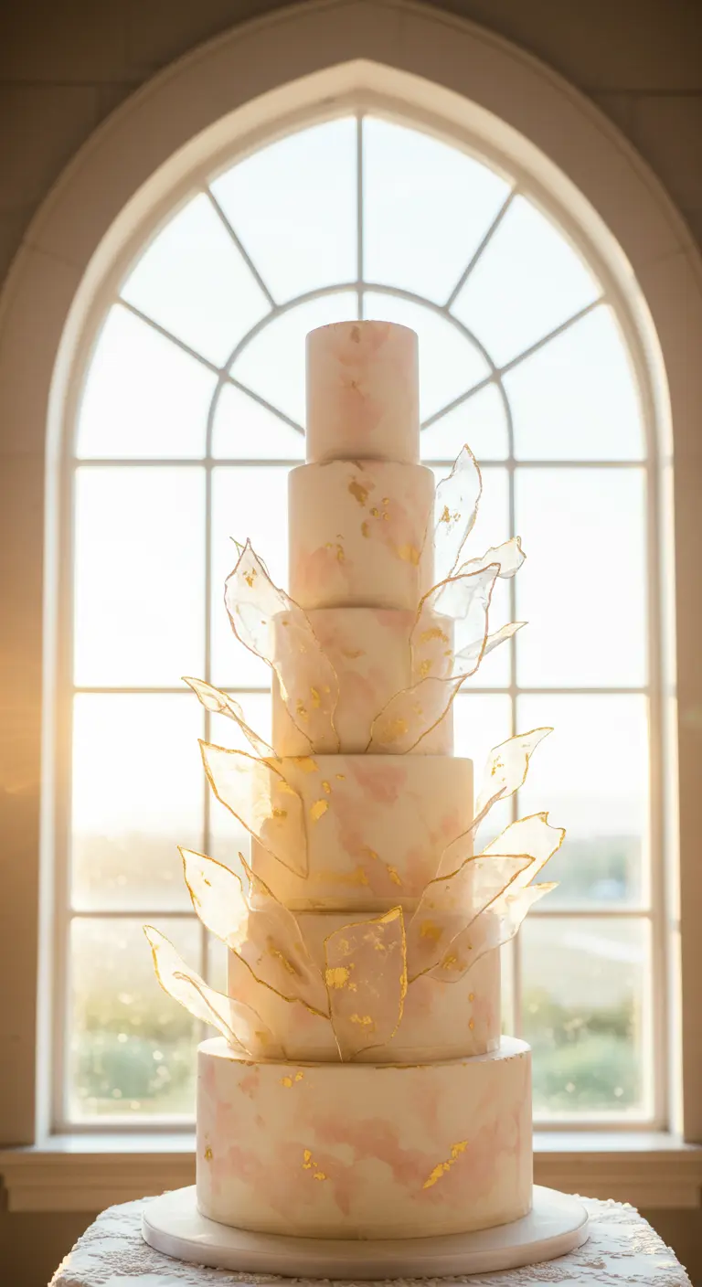 Hohe, rosa-marmorierte Torte, umgeben von vielen kleinen, goldenen Zuckerschleiern.