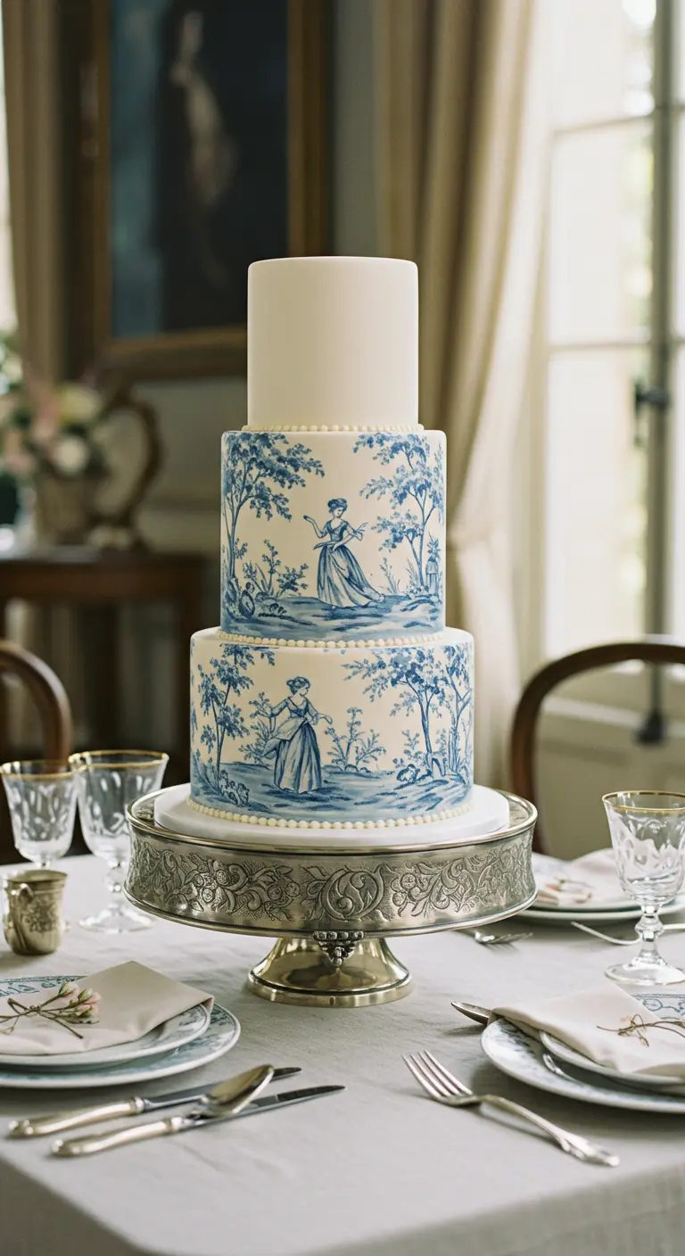 Dreistöckige Torte mit einem blauen „Toile de Jouy“-Muster, das ländliche Szenen auf weißem Grund zeigt.