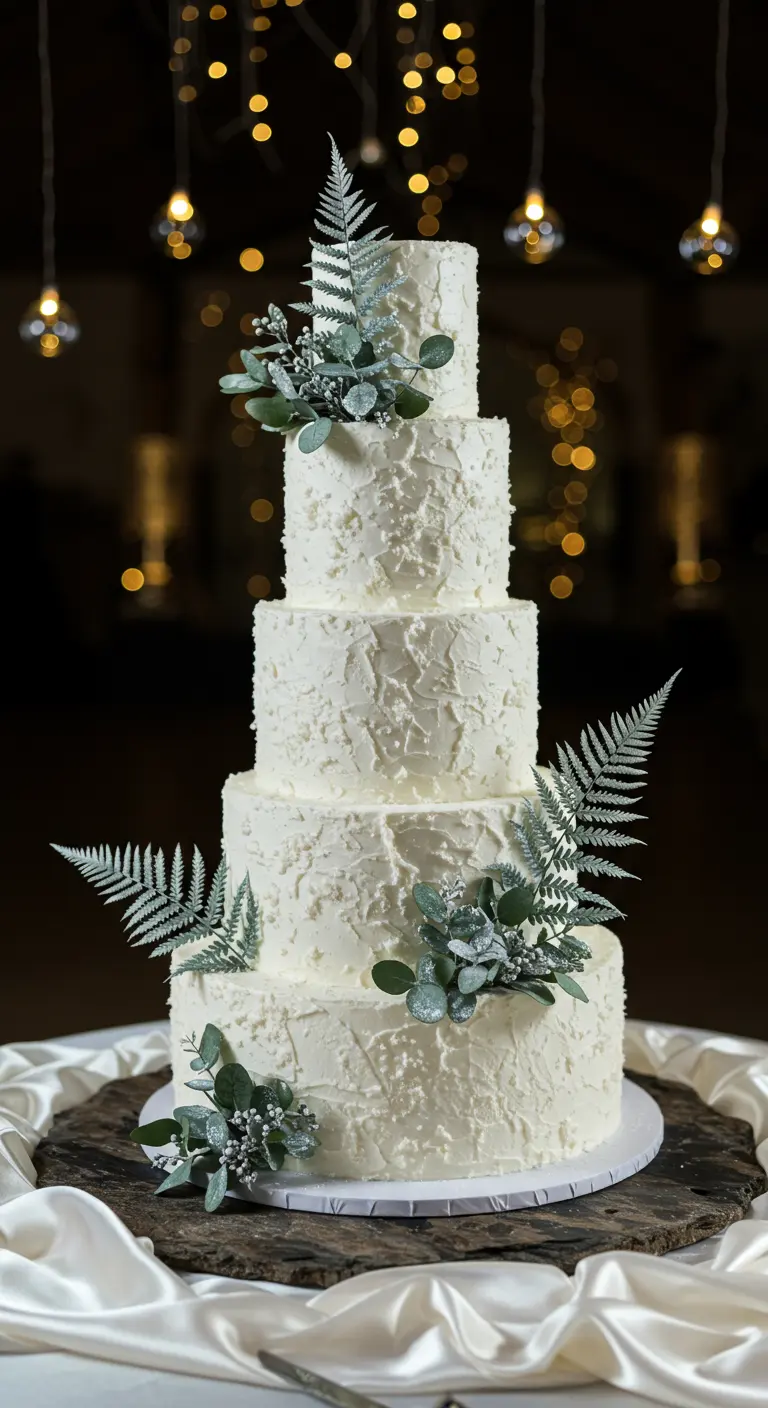 Weiße Torte mit rauer Buttercreme und gezuckerten Eukalyptus- und Farnblättern.