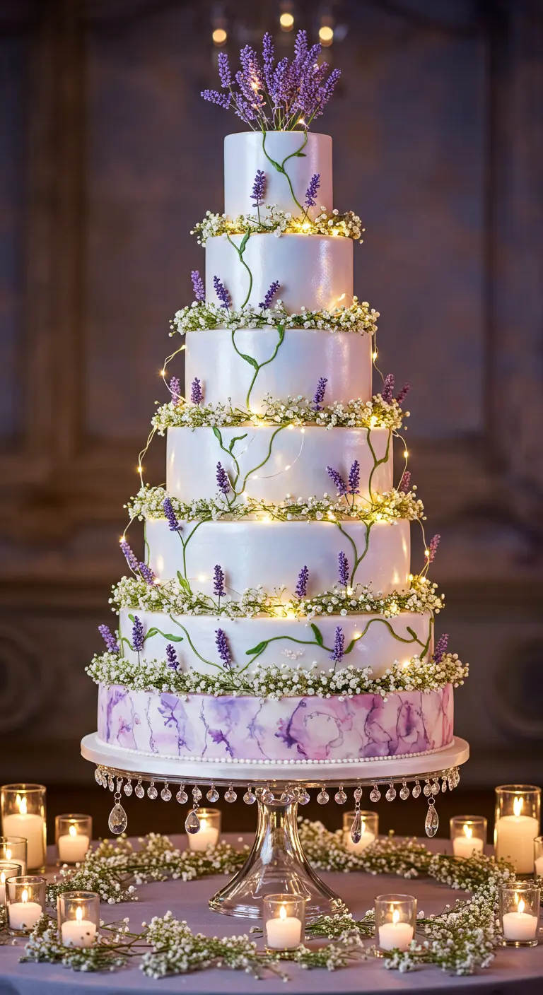 Sehr hohe Hochzeitstorte mit Lavendelranken und Lichterketten.