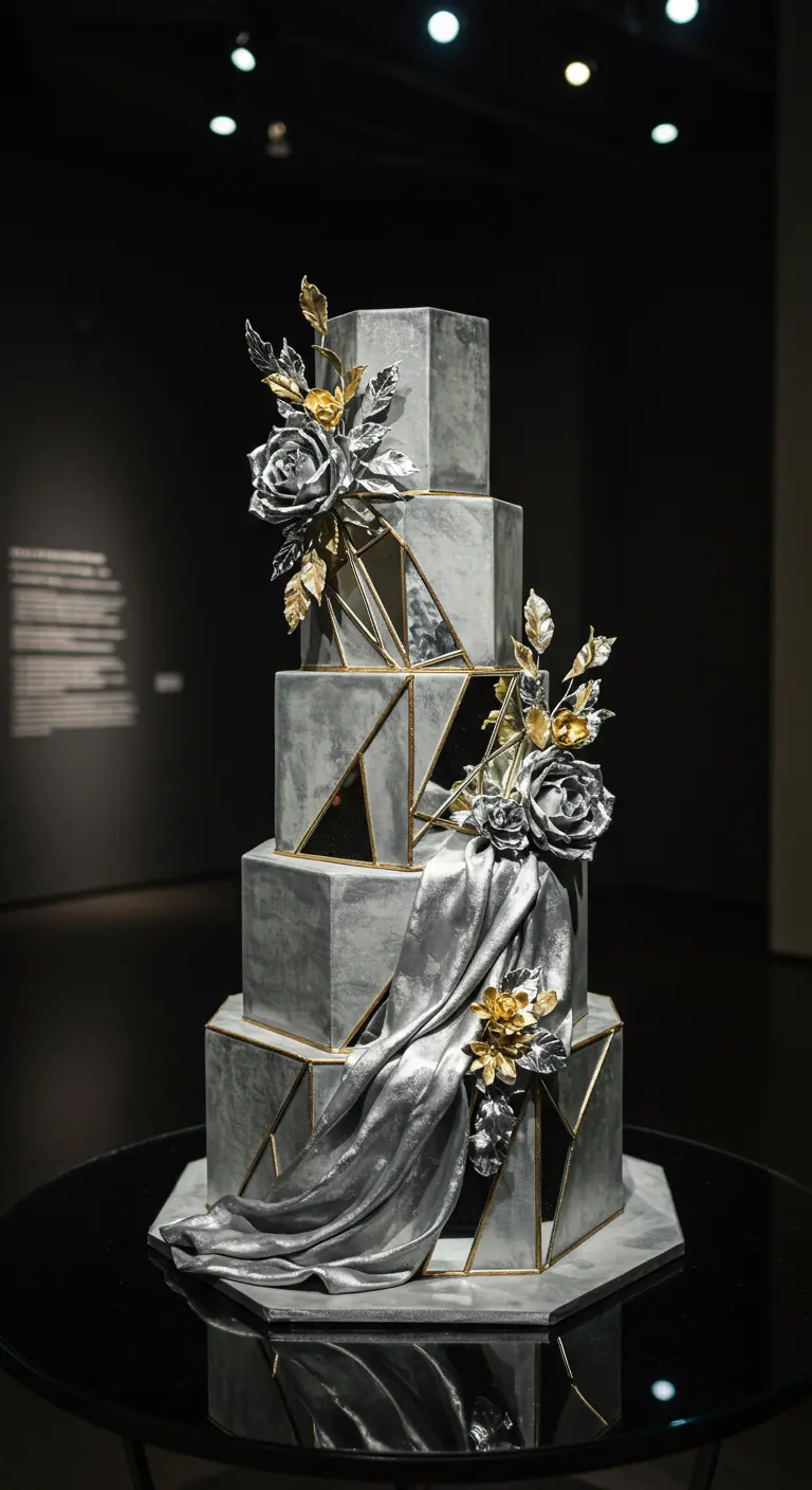 Graue, geometrische Hochzeitstorte mit silberner Drapierung, goldenen Spiegel-Akzenten und grauen Zuckerblüten.