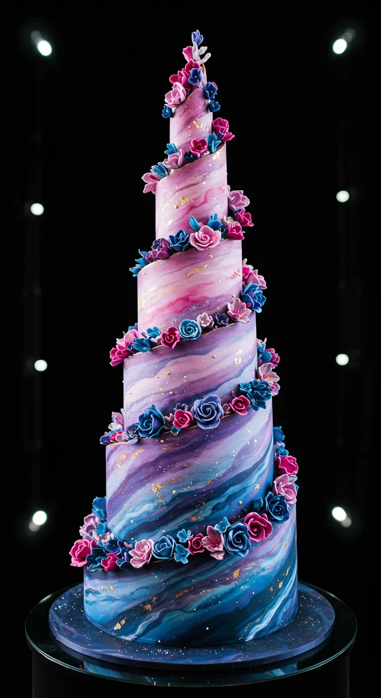 Hohe, spiralförmige Hochzeitstorte in Galaxie-Farben (Lila, Pink, Blau) mit einer Blütenkaskade.