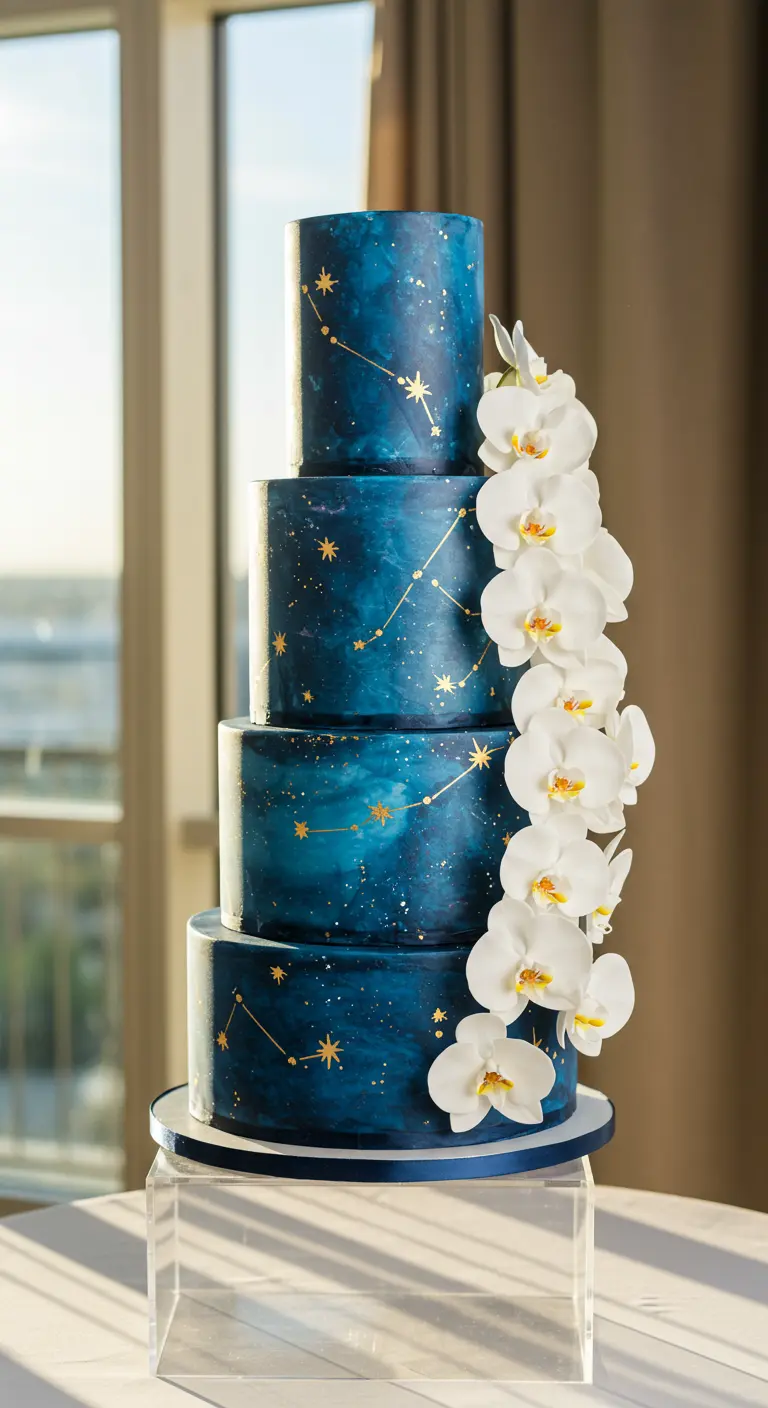 Vierstöckige, dunkelblaue Galaxie-Torte mit goldenen Sternbildern und weißen Orchideen.