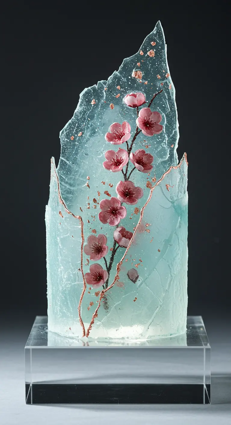 Torte umhüllt von einer durchsichtigen Scherbe aus Zuckerguss, verziert mit rosa Kirschblüten.