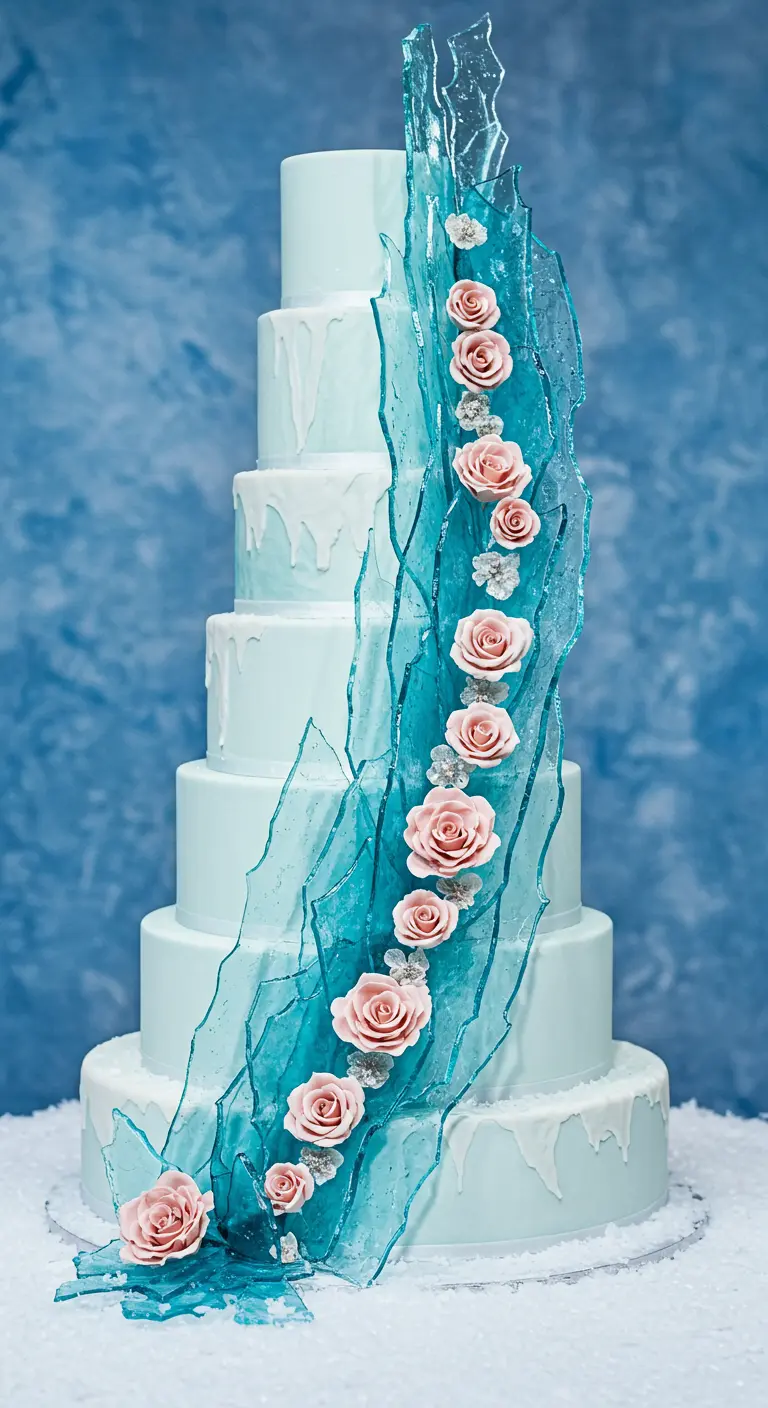 Hohe, mehrstöckige Torte in Hellblau, verziert mit einer Kaskade aus blauen Zuckerscherben und rosa Rosen.
