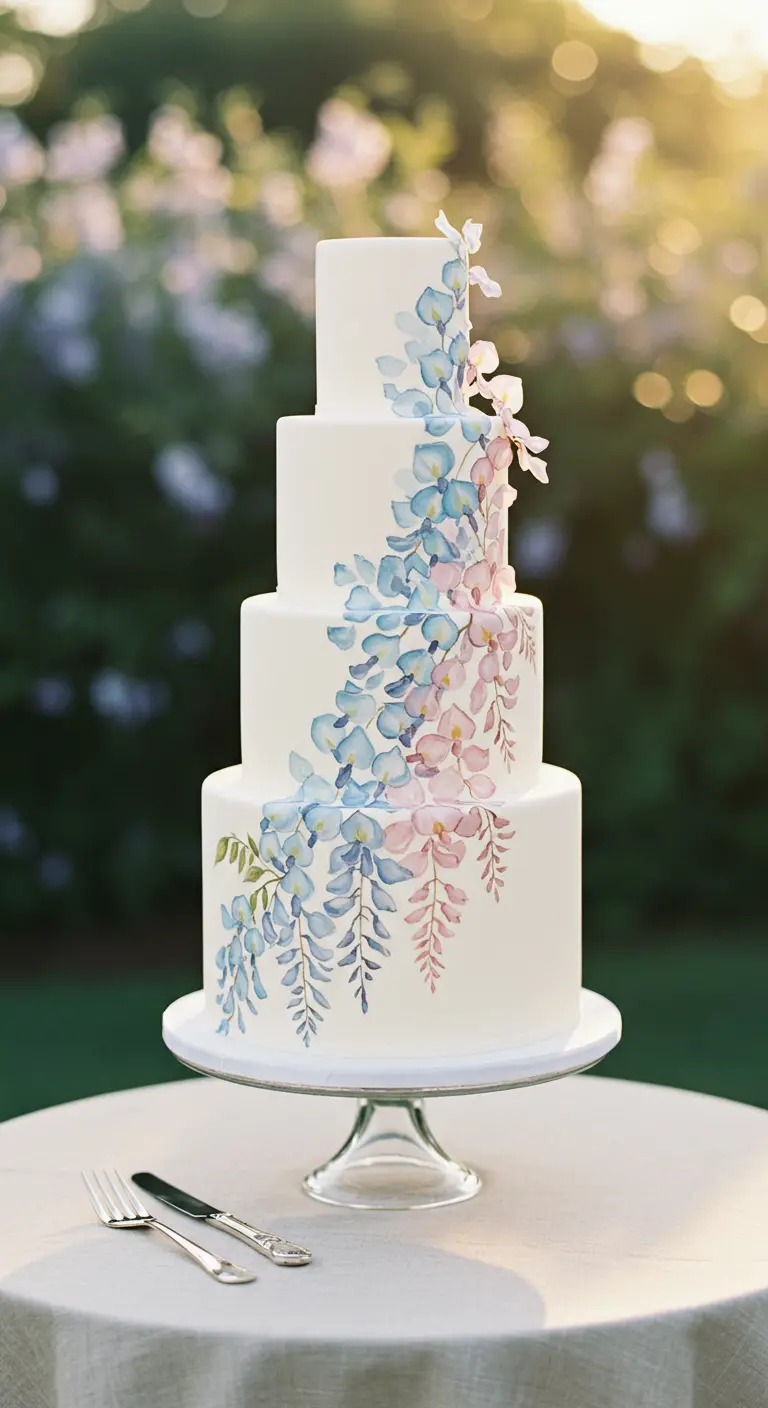 Vierstöckige weiße Hochzeitstorte mit handgemalten, herabhängenden Blüten in Blau- und Rosatönen.