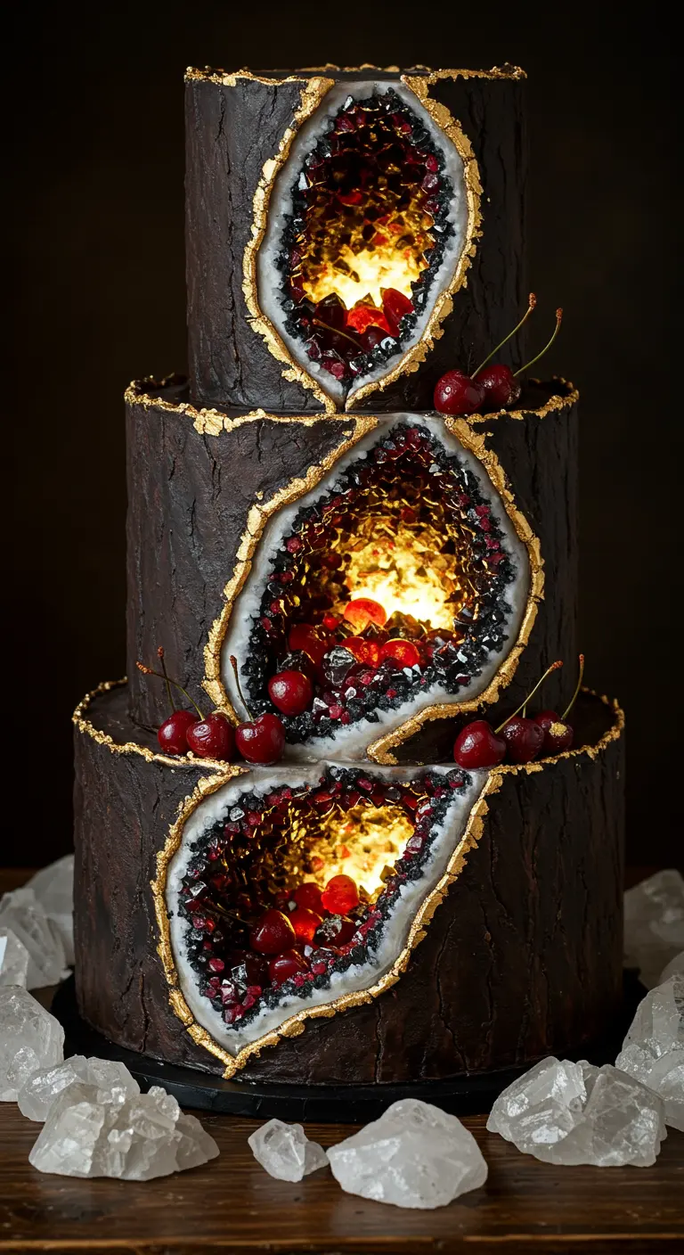 Dreistöckige braune Torte, die wie Baumrinde aussieht, mit drei großen Rissen, die leuchtende Zuckerkristalle und Kirschen enthüllen