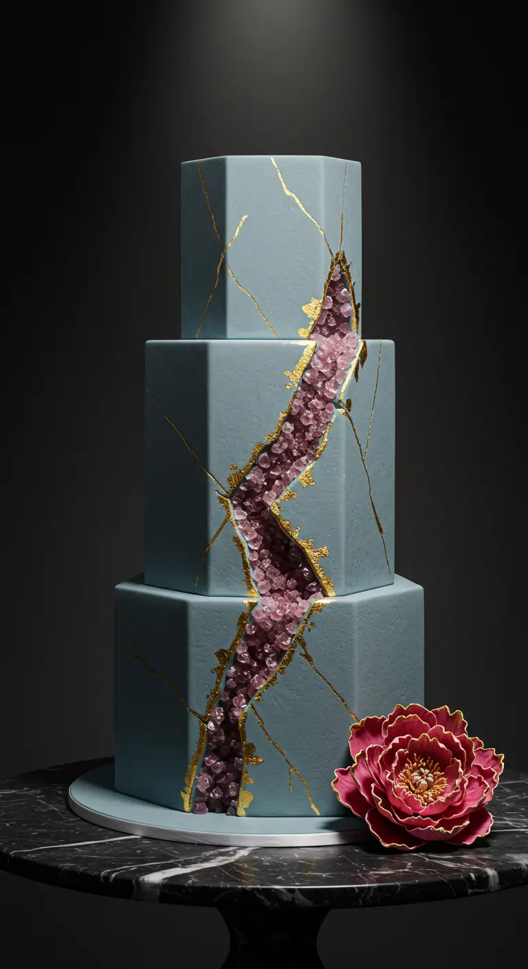 Dreistöckige, sechseckige Torte in Dusty Blue mit einem rosa-violetten Geode-Einschnitt und Goldakzenten.