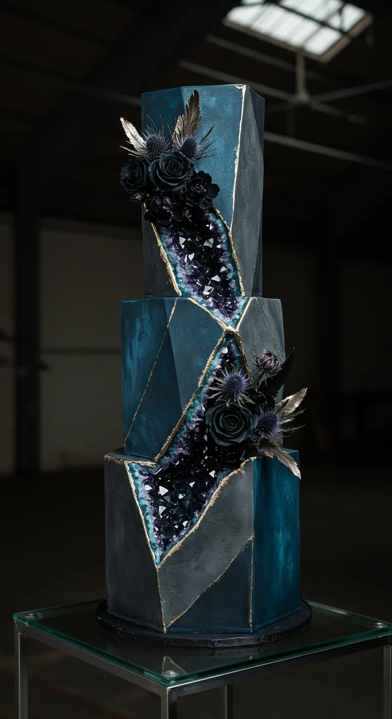 Dunkelblaue, geometrische Hochzeitstorte mit funkelndem Amethyst-Geoden-Detail und schwarzen Blumen.