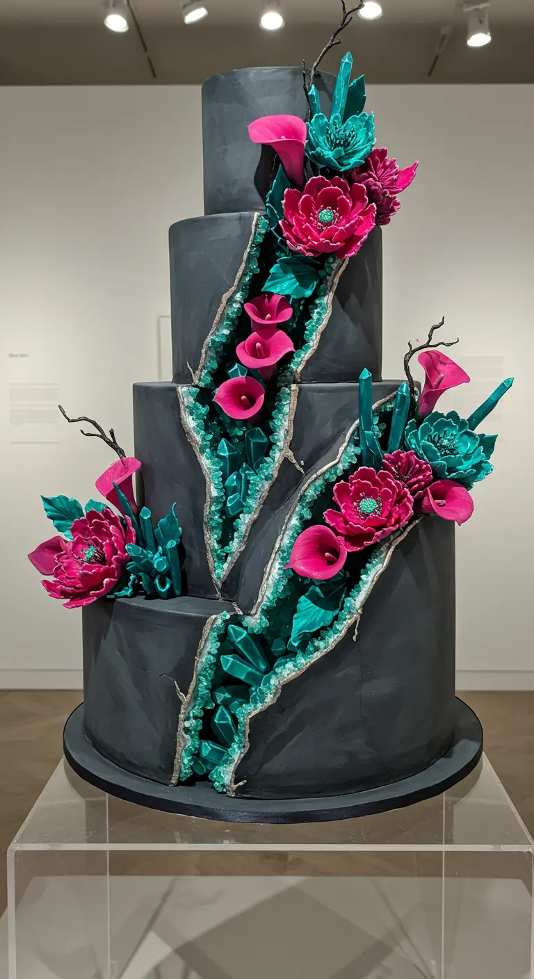 Dunkelgraue Hochzeitstorte mit tiefen, türkisen Geoden-Rissen und pinken, türkisen Zuckerblüten.