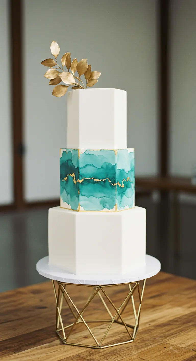 Dreistöckige, sechseckige Torte mit einem türkisen Aquarell-Band und Goldakzenten.