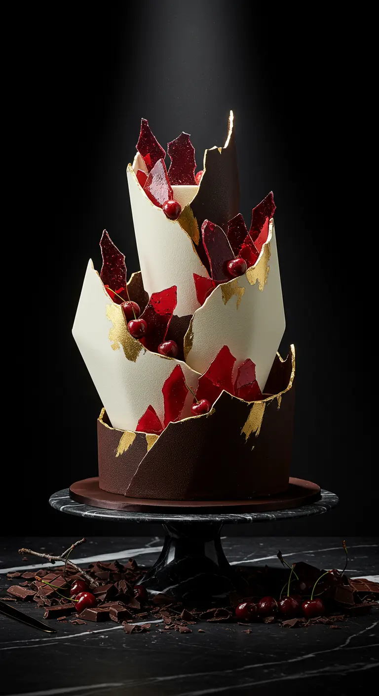 Dreistöckige Torte mit dunkelbrauner und weißer Oberfläche, goldene Akzente und rote Geleesplitter