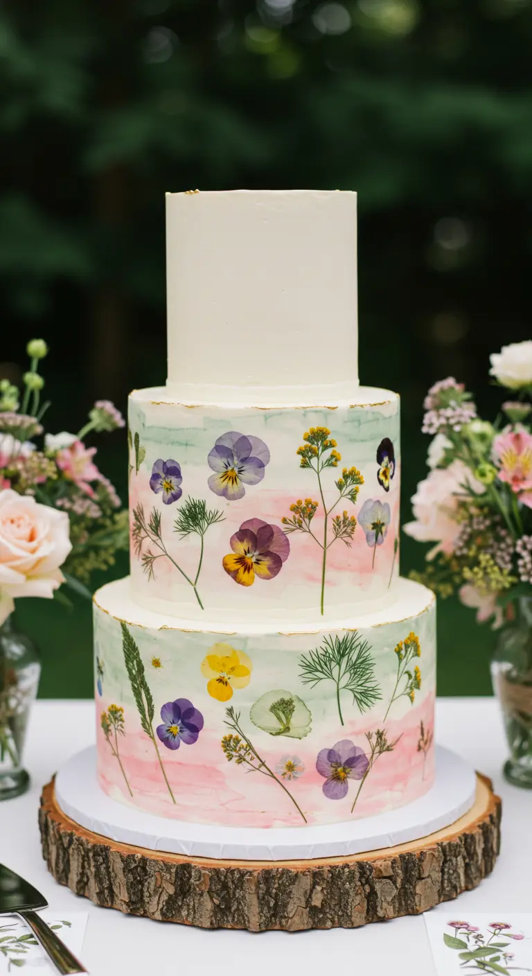 Dreistöckige Torte mit handgemalten, gepressten Wildblumen auf einem Holzstamm.