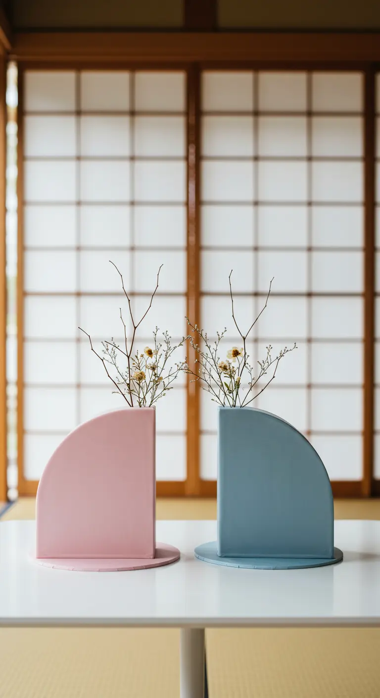 Zwei halbrunde Torten in Rosé und Dusty Blue, die nebeneinander stehen und mit Trockenblumen dekoriert sind.