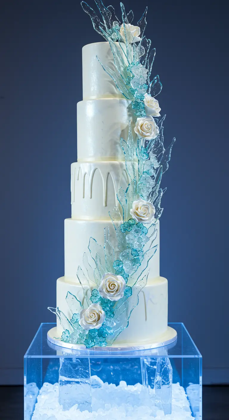 Weiße, mehrstöckige Hochzeitstorte mit blauen Zuckerglas-Splittern und weißen Zuckerrosen.