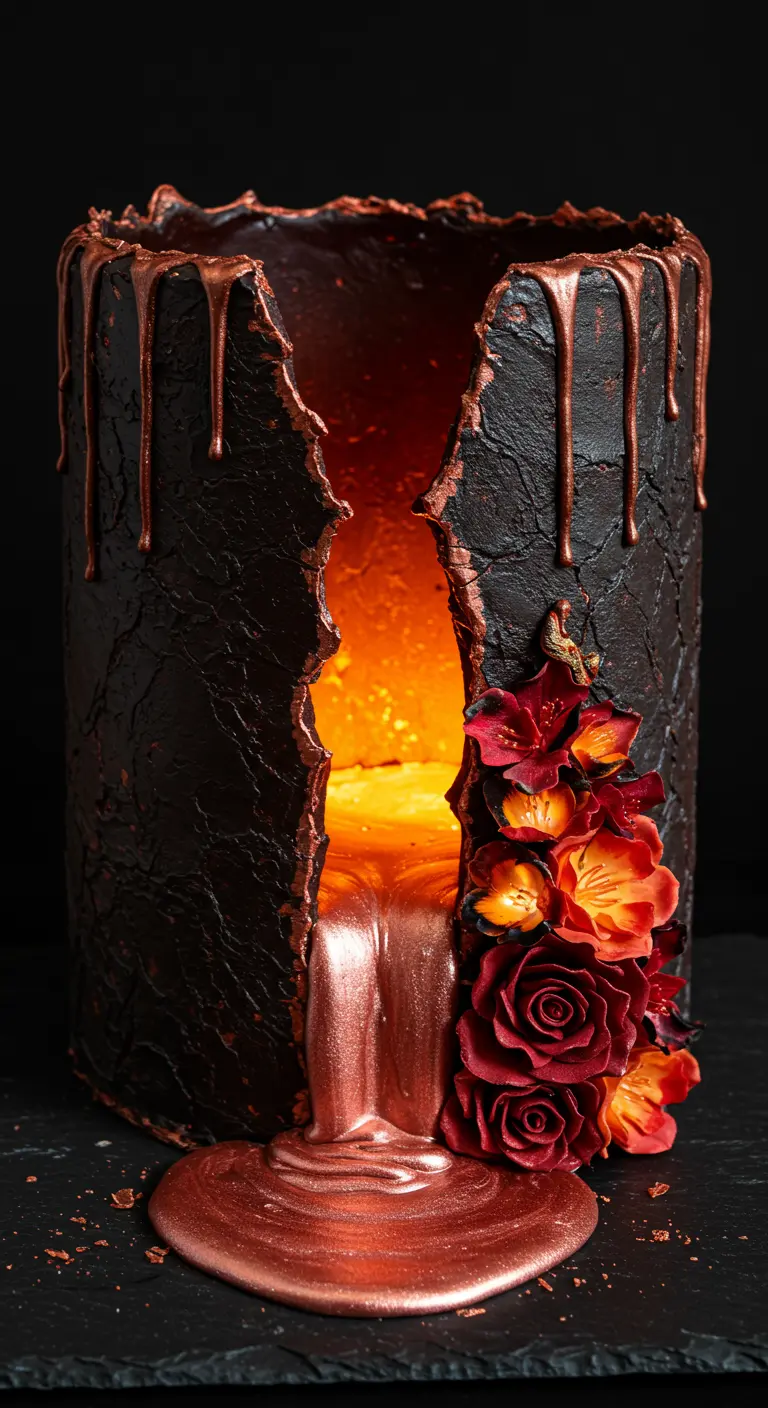 Dunkle Torte, die in der Mitte aufgebrochen ist und von innen orange leuchtet, mit Roségold-Lava.