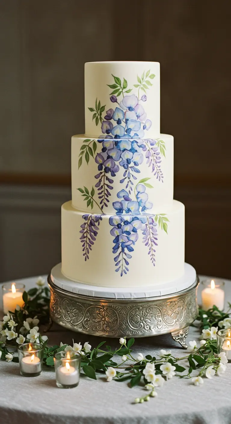 Dreistöckige Hochzeitstorte mit handgemalten, violetten Glyzinien-Ranken.