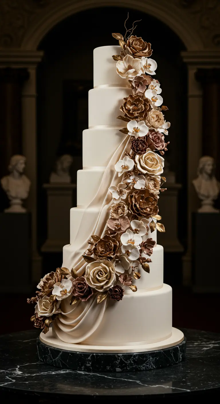 Mehrstöckige weiße Hochzeitstorte mit goldenen, bronzenen und weißen Zuckerblüten und drapierter Stoffoptik.