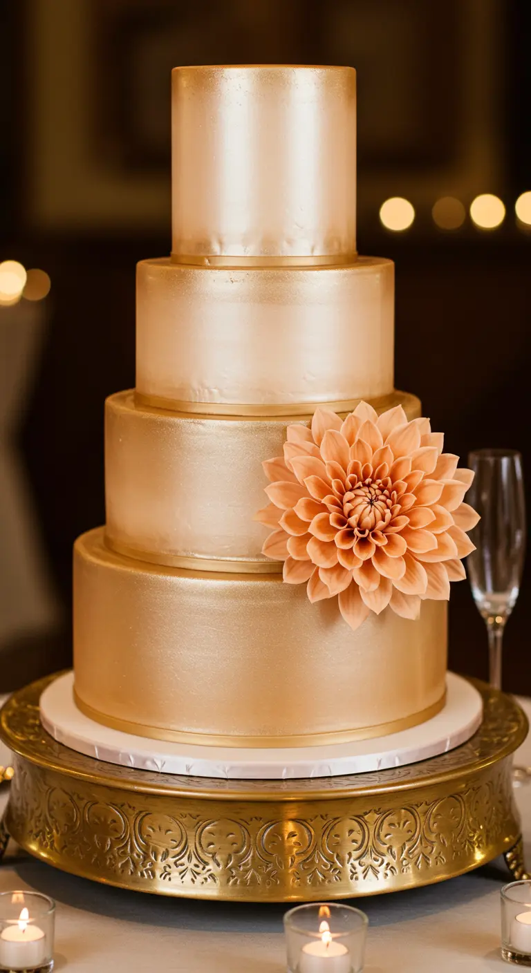 Vierstöckige, goldene Hochzeitstorte mit einer großen, orangefarbenen Dahlie.