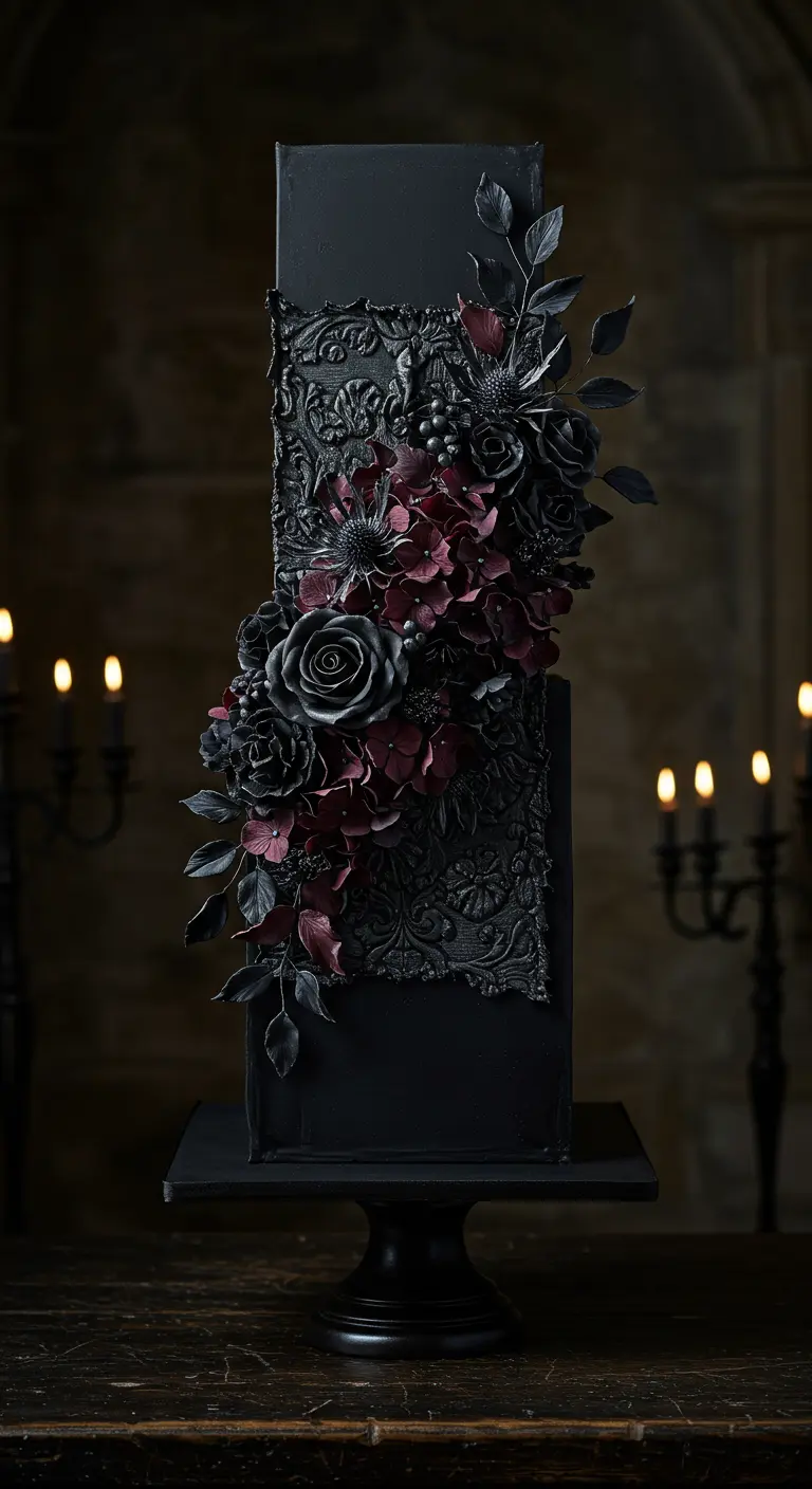 Hohe, schwarze Hochzeitstorte mit erhabenen Mustern und einer Fülle von dunklen burgunderroten und schwarzen Zuckerblüten.