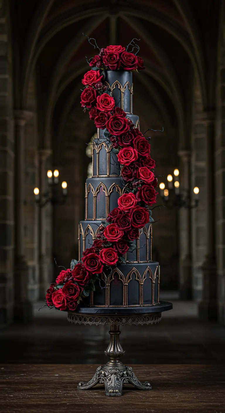 Hohe, schwarze Torte mit gotischen Fenstern in Gold und einer Kaskade aus roten Seidenrosen.