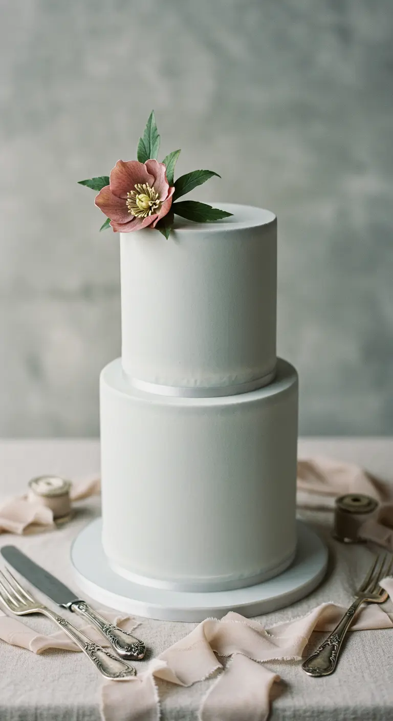 Zweistöckige, hellgraue Torte mit einer einzelnen rosa Christrose obendrauf.