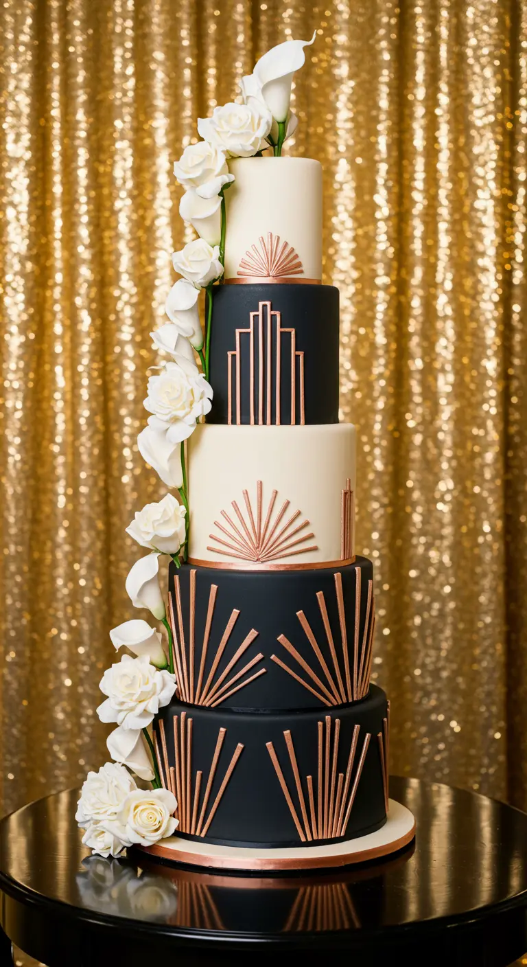 Hohe Art-déco-Torte in Schwarz-Weiß mit Roségold-Mustern und einer Kaskade aus weißen Seidenblumen.