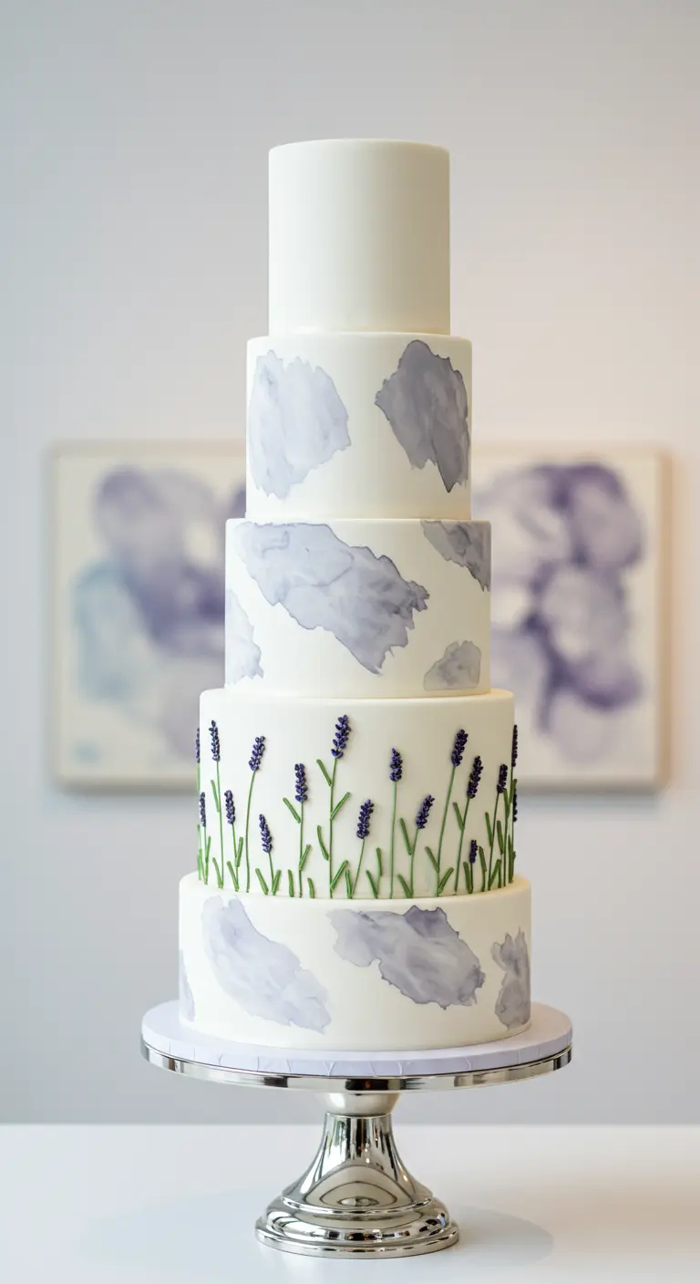 Fünfstöckige Torte mit aufgemalter Lavendelwiese und Aquarell-Wolken.